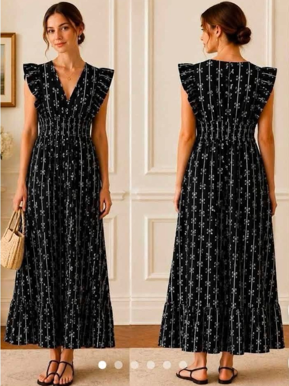 Sail to Sable Black Maxi Dress with White Floral Stripe